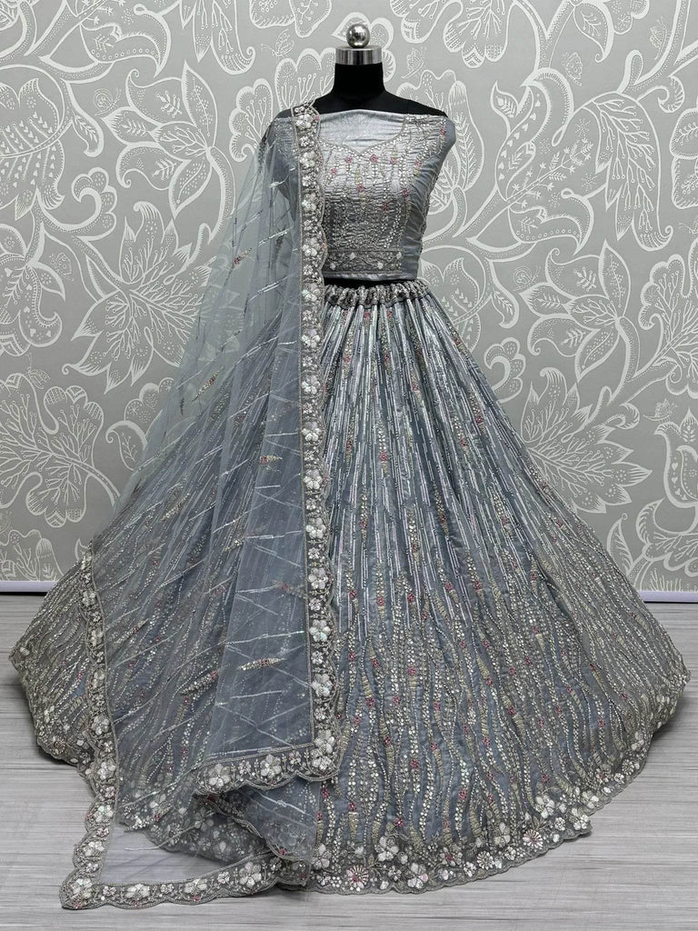 Beautiful Powder Blue Silk Wedding Wear Lehenga Choli With Dupatta - Ethnic Plus In