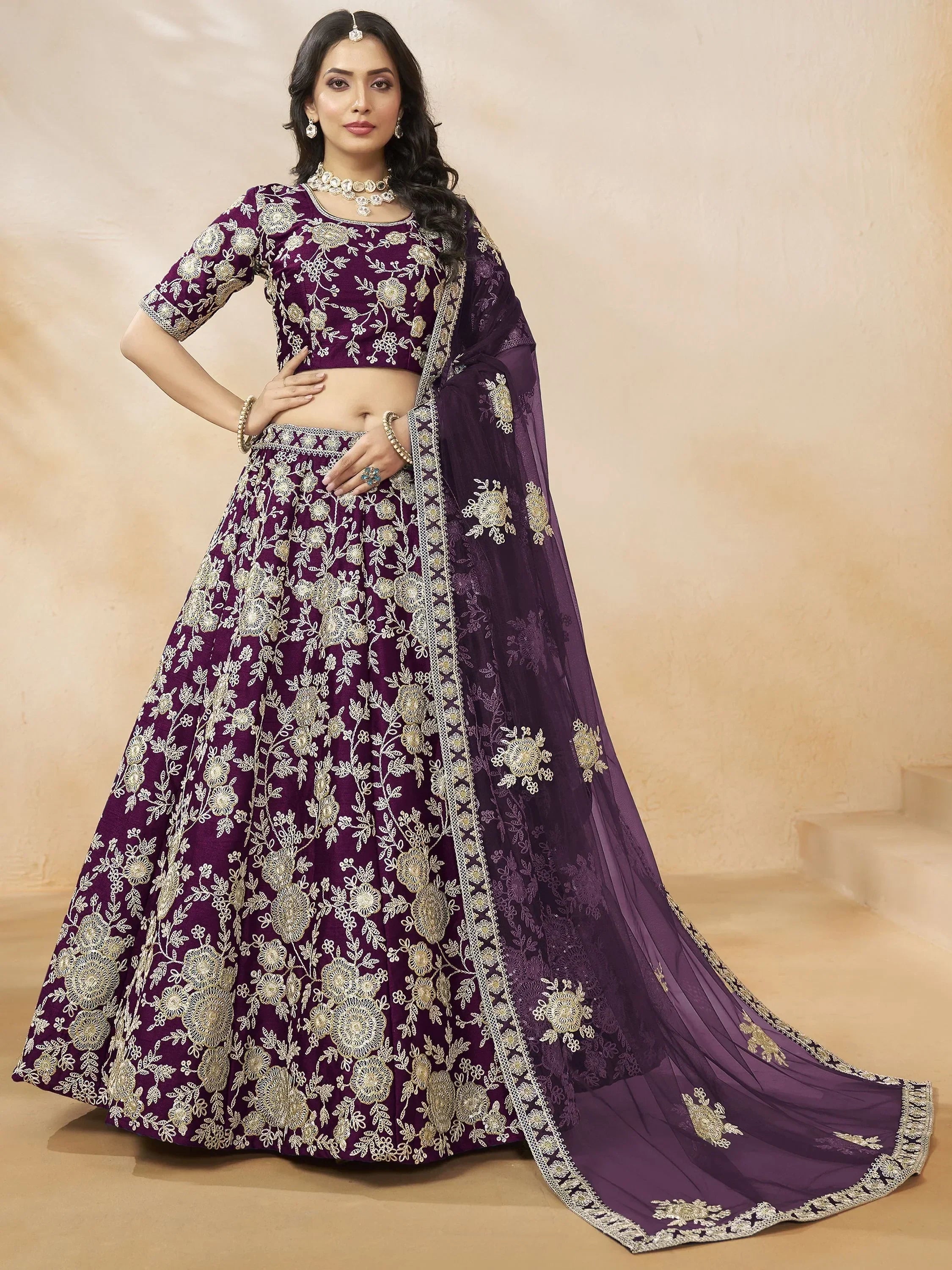 Purple floral embroidered lehenga choli with matching dupatta, Indian ethnic wear for weddings