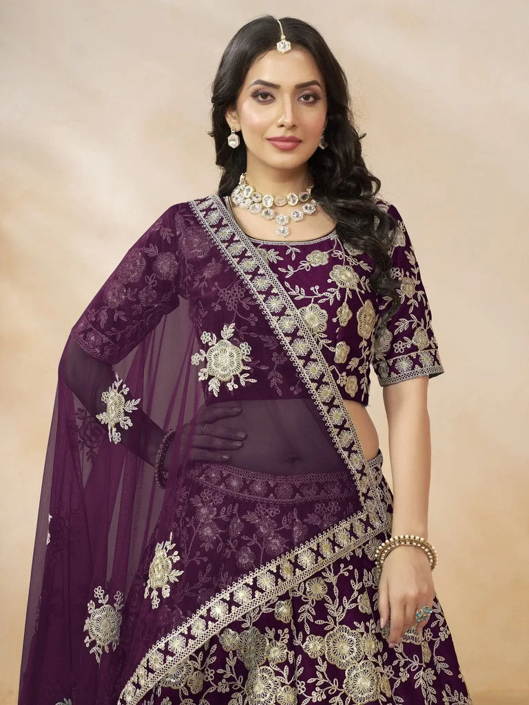 Beautiful Purple Color Embroidered Silk Engagement Wear Lehenga Choli - Ethnic Plus In