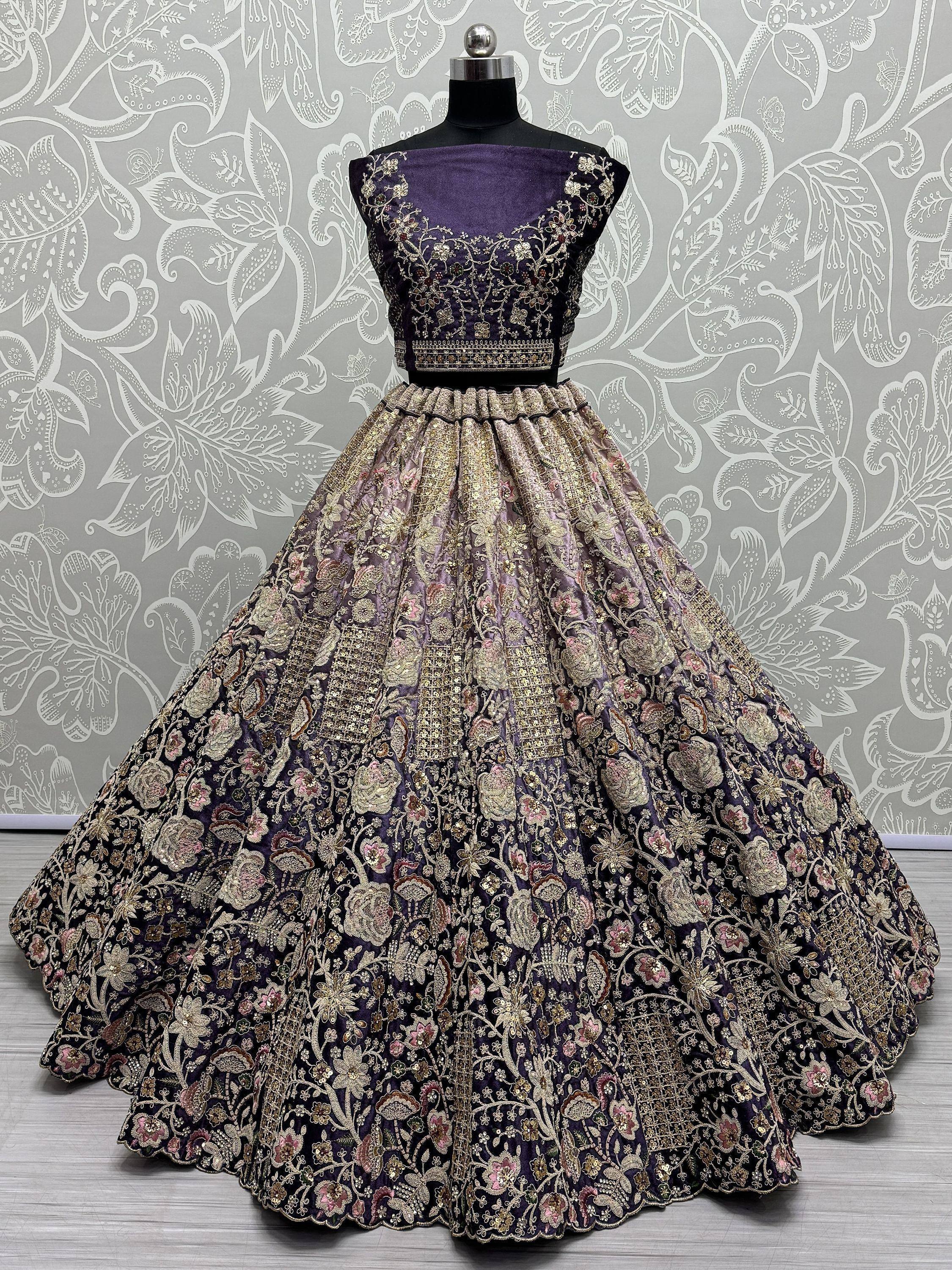 Purple embroidered lehenga choli with gold floral work, designer ethnic wear for weddings