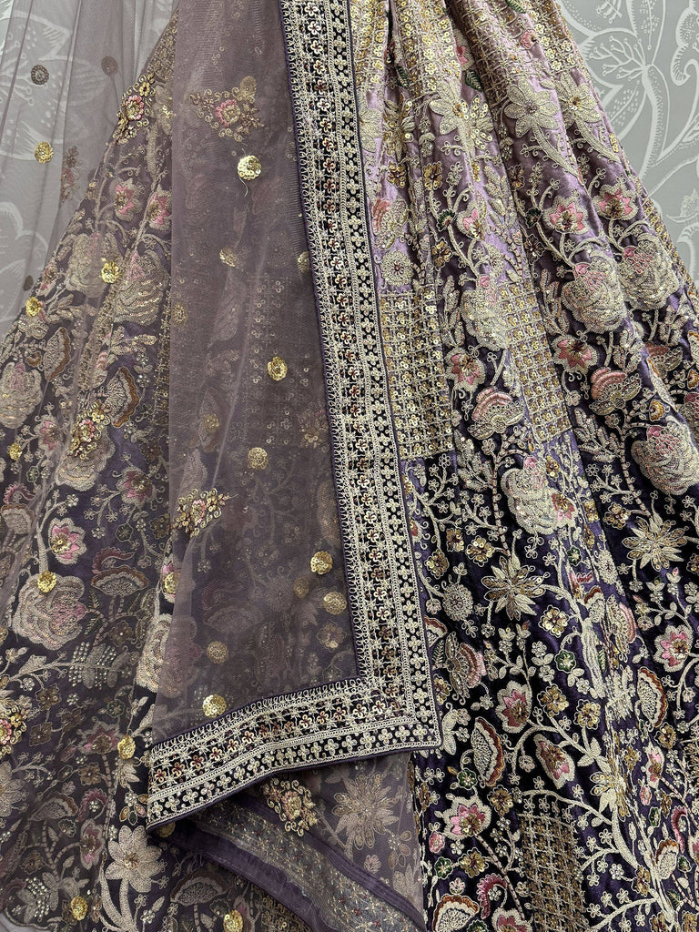 Purple embroidered lehenga choli with gold floral work and sheer dupatta, Indian ethnic wear