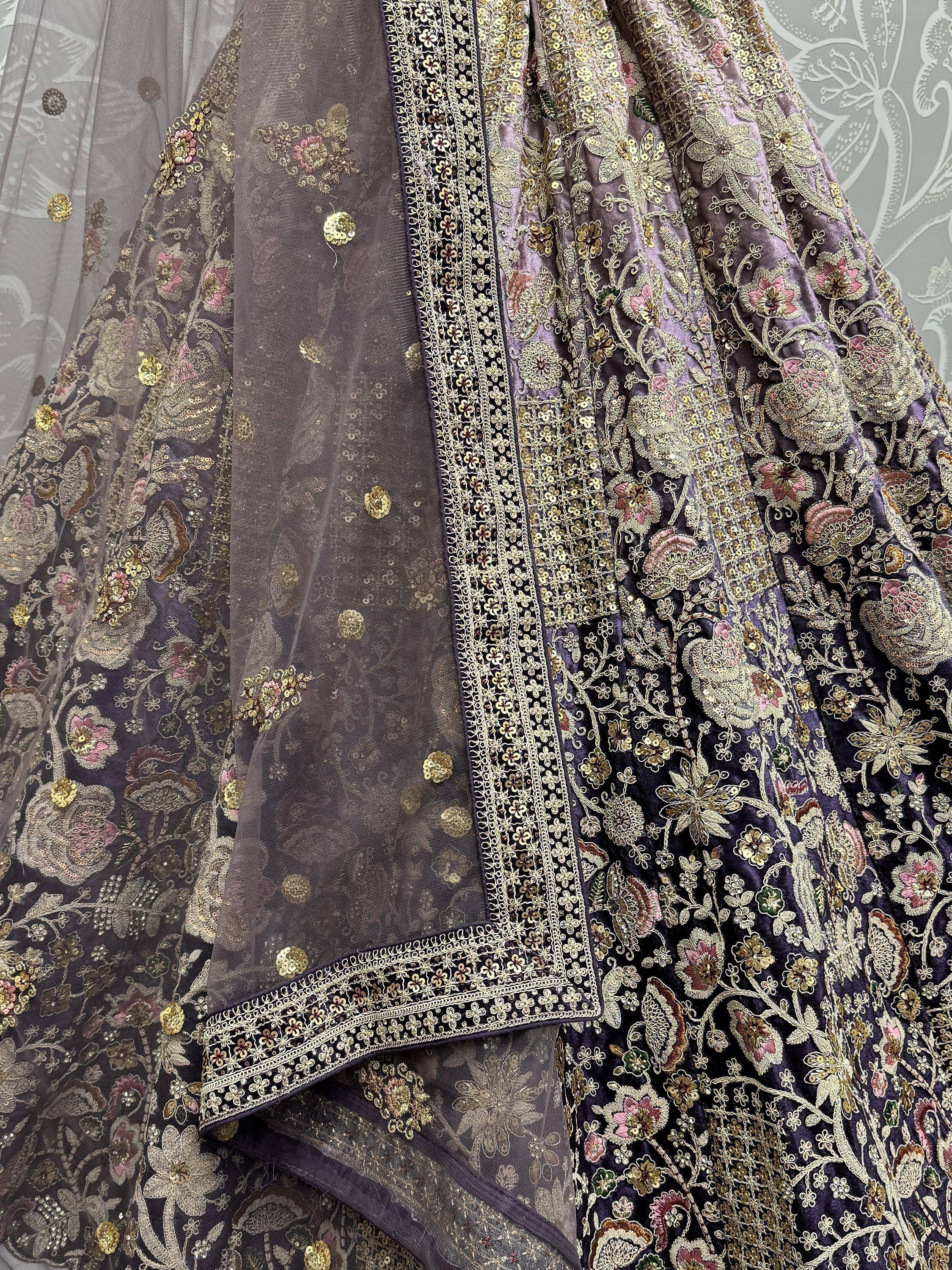 Purple embroidered lehenga choli with gold floral work and sheer dupatta, Indian ethnic wear