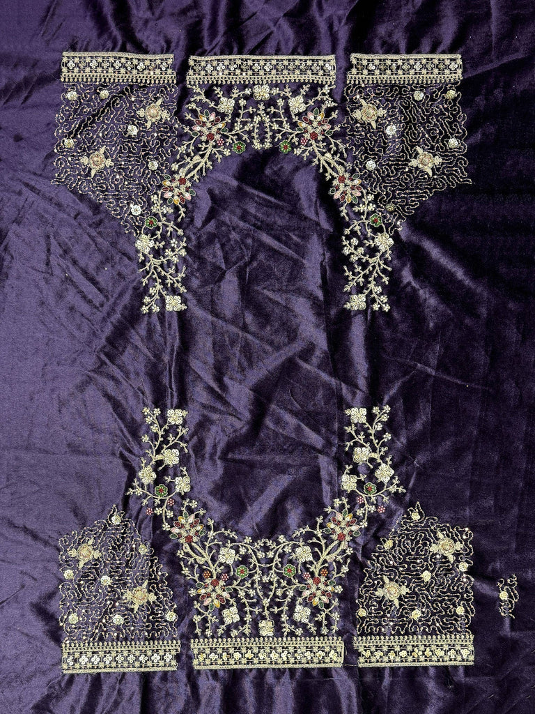 Purple velvet ethnic wear with gold floral embroidery and sequin detailing for designer lehenga or saree