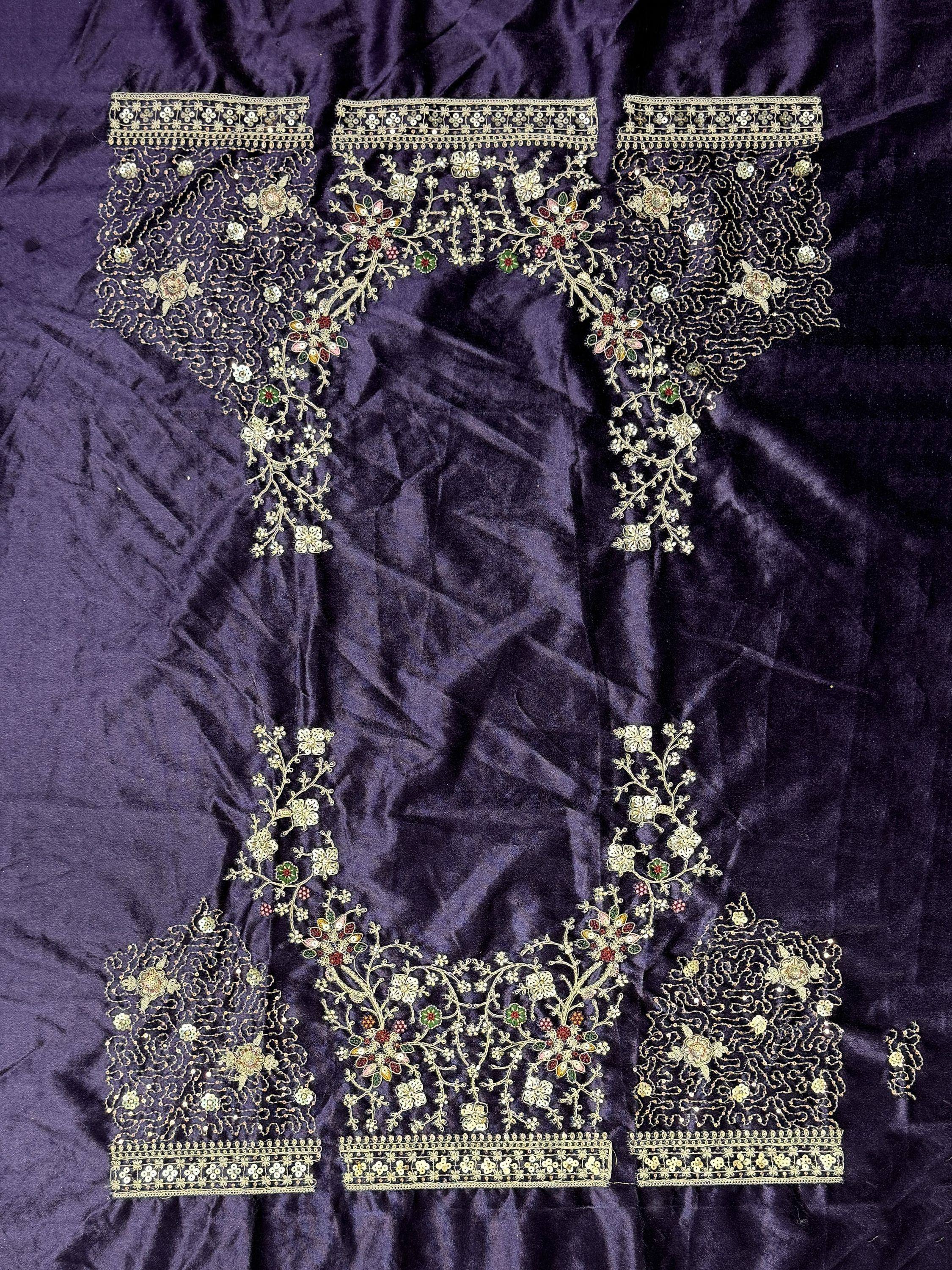 Purple velvet ethnic wear with gold floral embroidery and sequin detailing for designer lehenga or saree