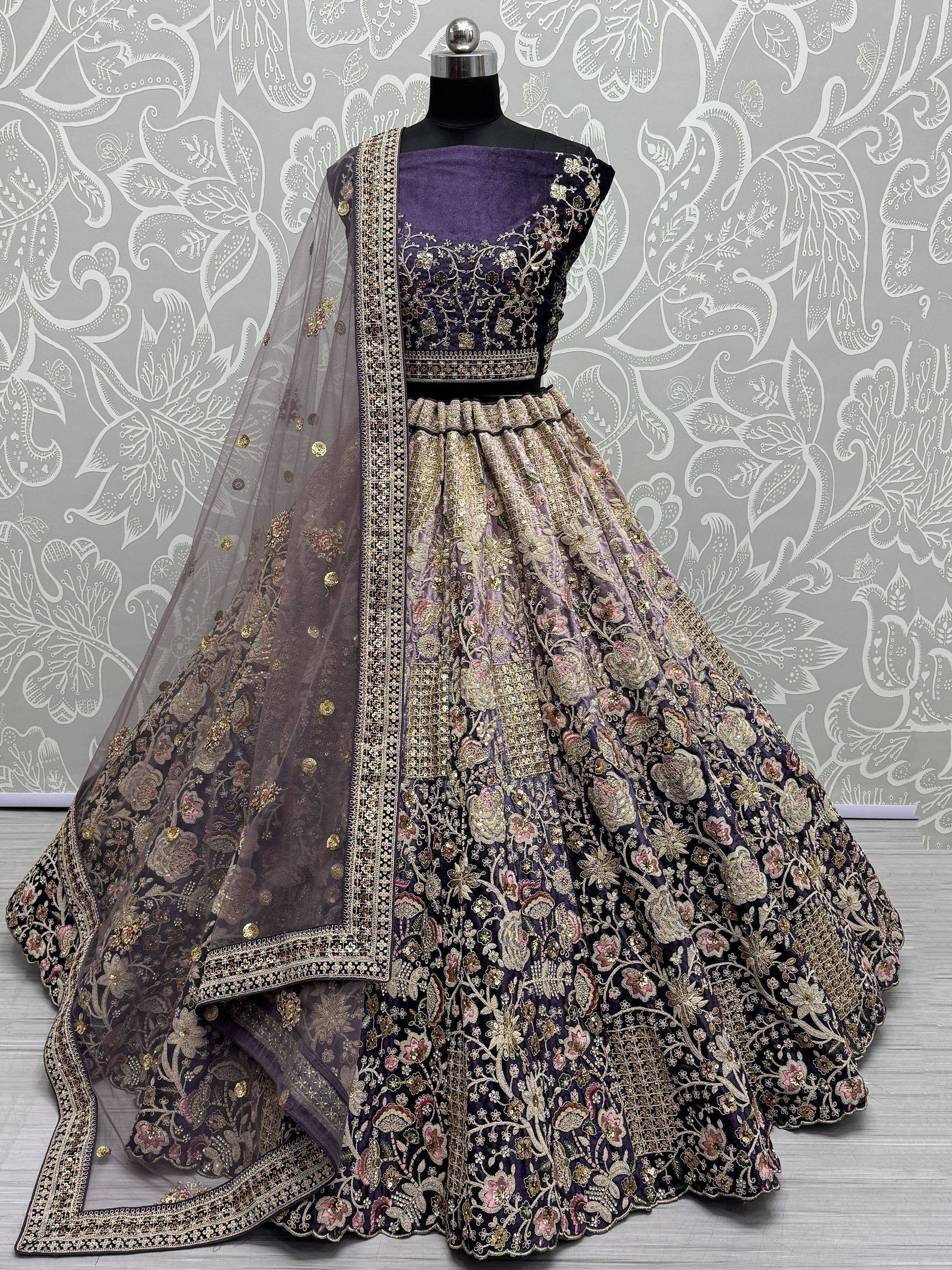 Purple embroidered lehenga choli with floral gold detailing and sheer dupatta, Indian ethnic wear
