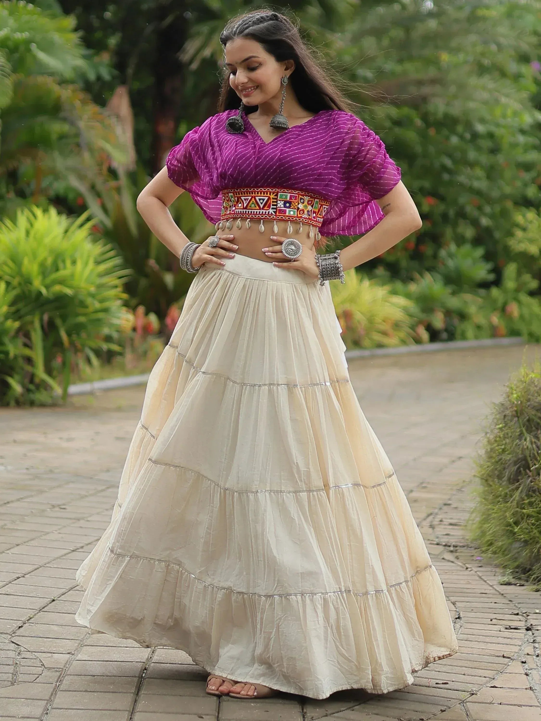 Purple embroidered crop top with cream tiered skirt, Indian ethnic wear for women