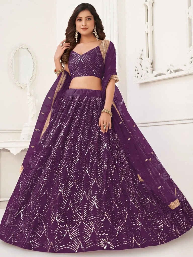 Beautiful Purple Sequins Net Sangeet Wear Lehenga Choli With Dupatta - Ethnic Plus In
