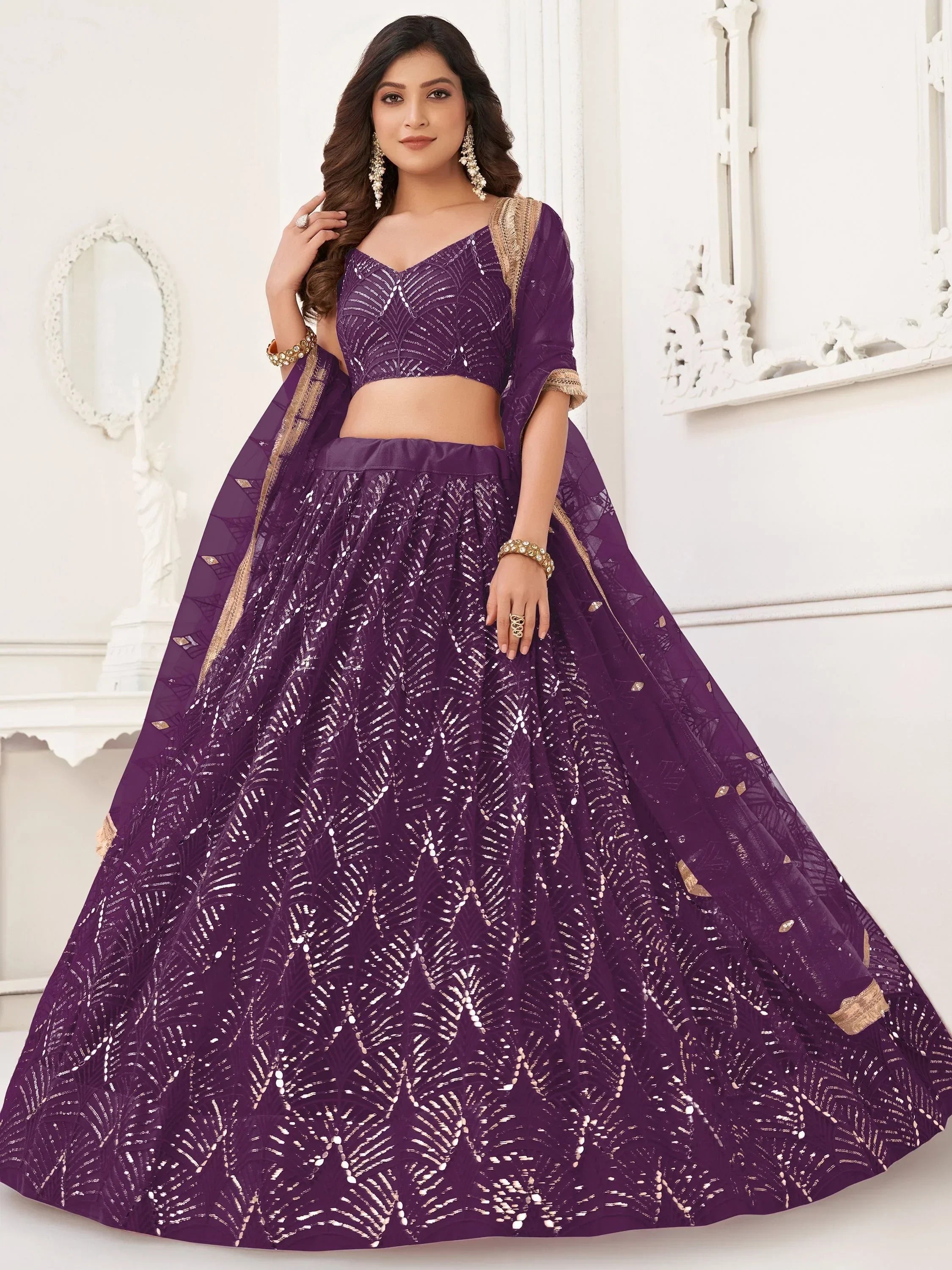 Purple designer lehenga choli with gold embroidery and sequin work for Indian ethnic wear