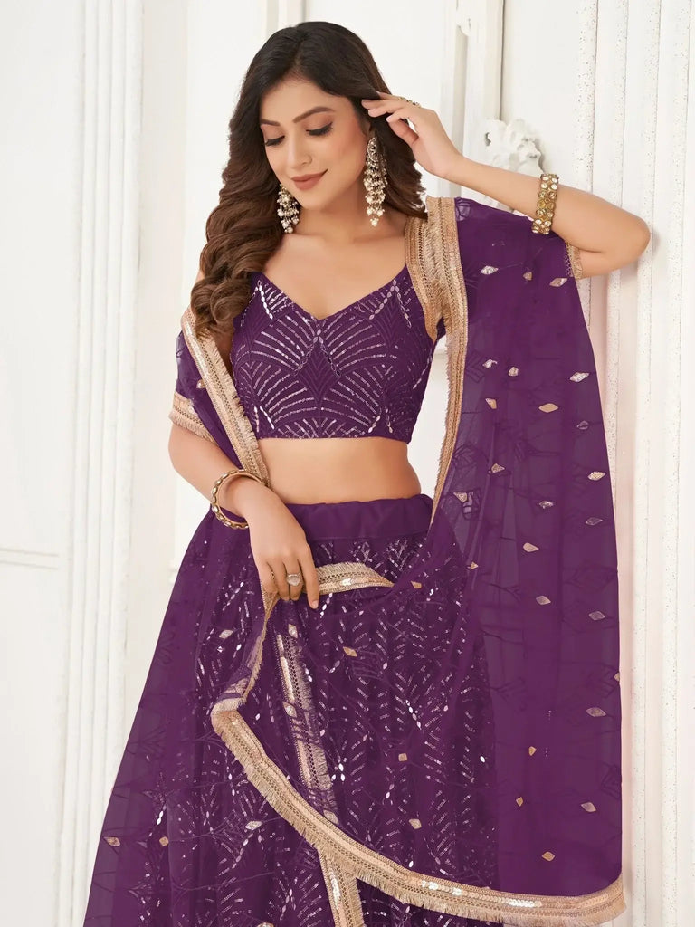 Beautiful Purple Sequins Net Sangeet Wear Lehenga Choli With Dupatta - Ethnic Plus In