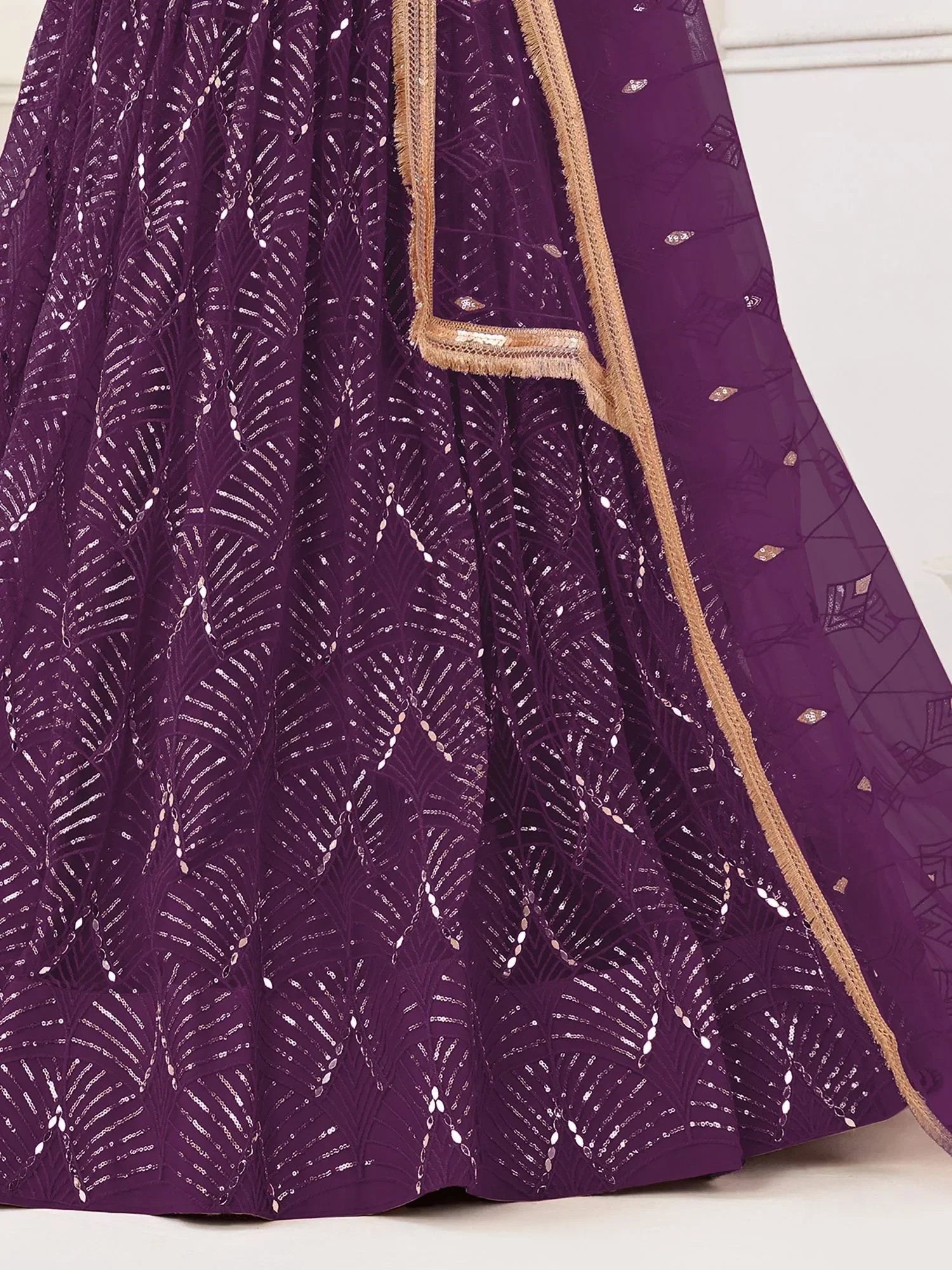 Purple lehenga choli with sequin leaf pattern and gold border, Indian ethnic wear
