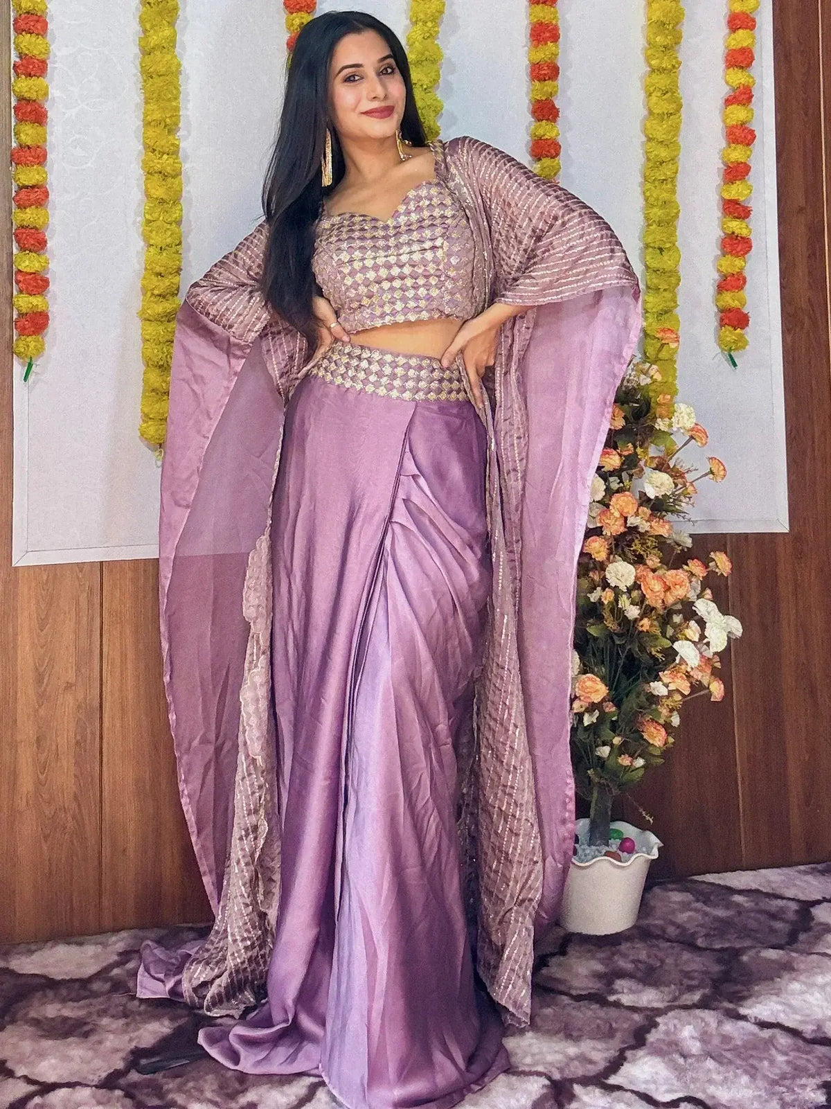 Beautiful Purple Silk Party Wear Skirt Choli With Stylish Shrug - Ethnic Plus In