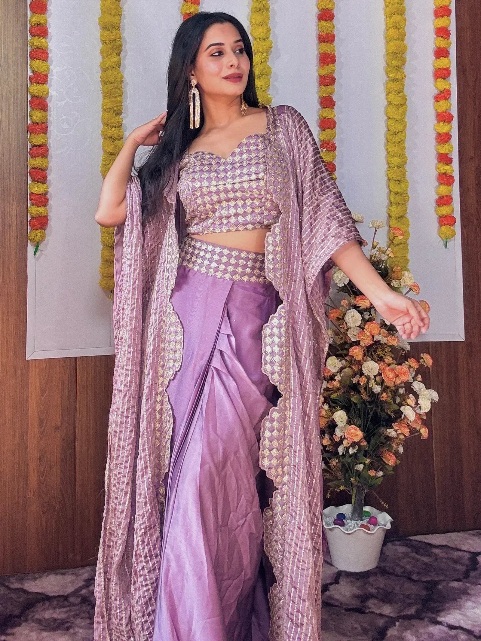 Lavender designer lehenga choli with gold embroidery and matching dupatta, perfect for Indian ethnic occasions