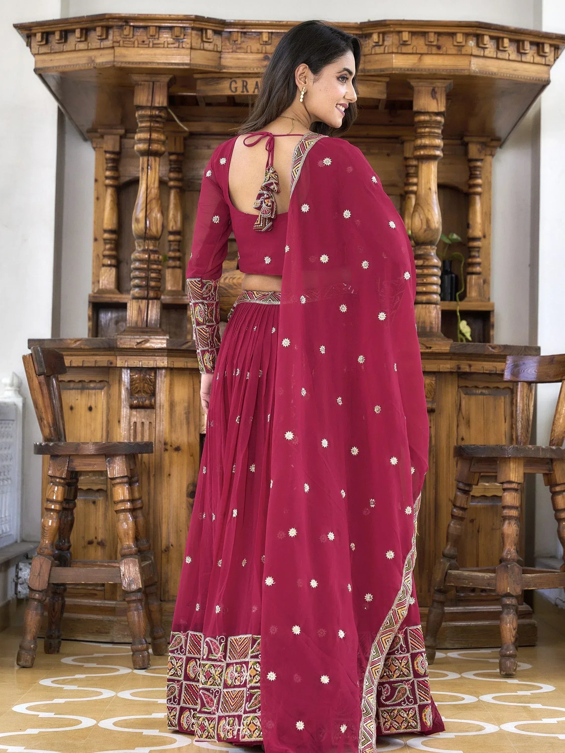Maroon embroidered lehenga choli with back tie blouse and floral dupatta, Indian ethnic wear