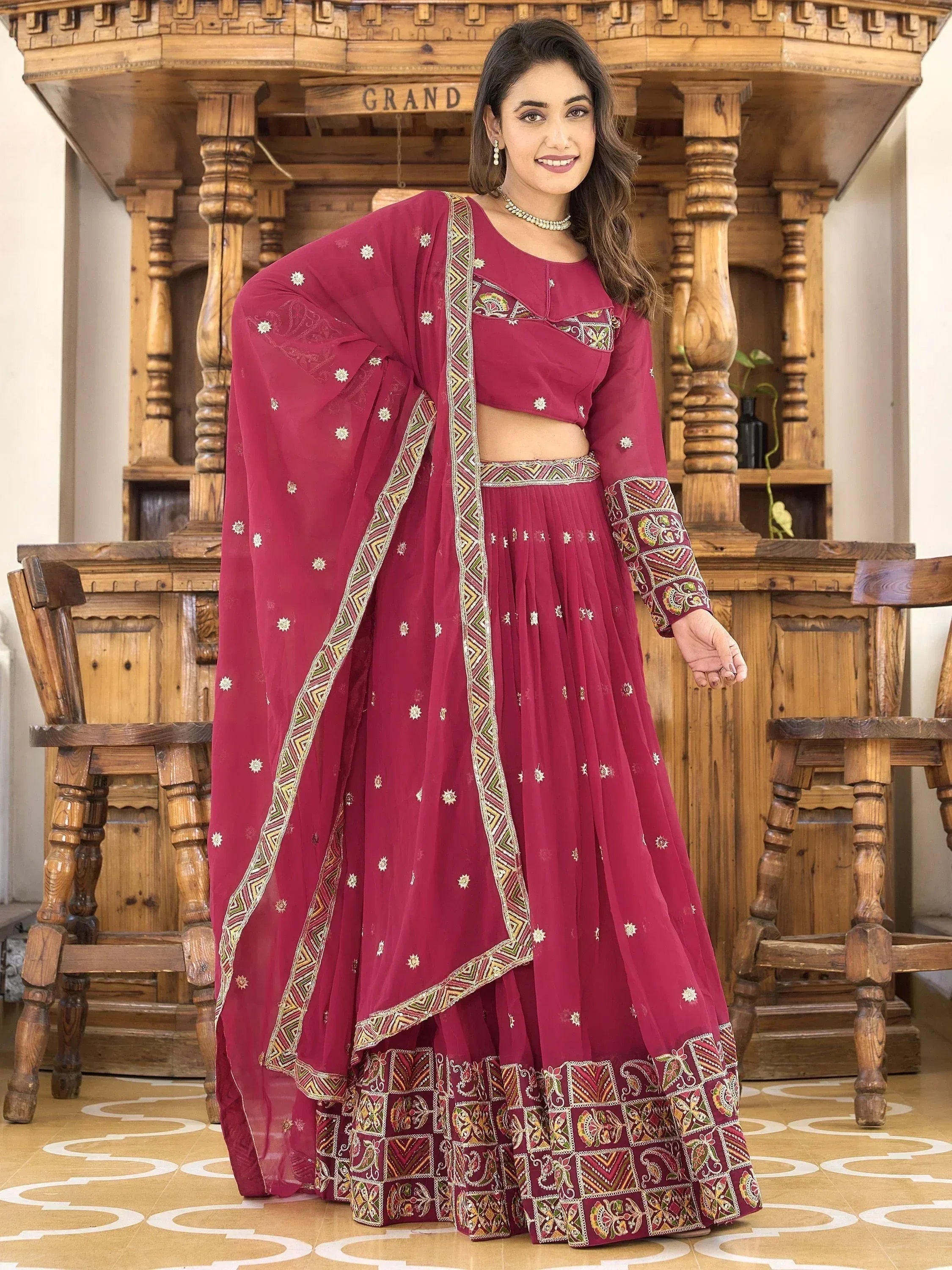 Maroon embroidered lehenga choli with dupatta, Indian ethnic wear for women