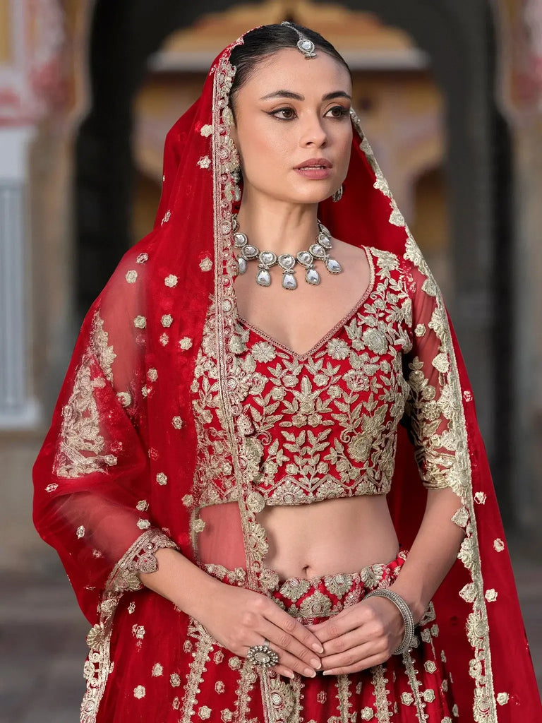 Beautiful Red Embroidered Net Bridal Lehenga Choli With Dupatta - Ethnic Plus In