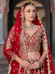 Beautiful Red Embroidered Net Bridal Lehenga Choli With Dupatta - Ethnic Plus In