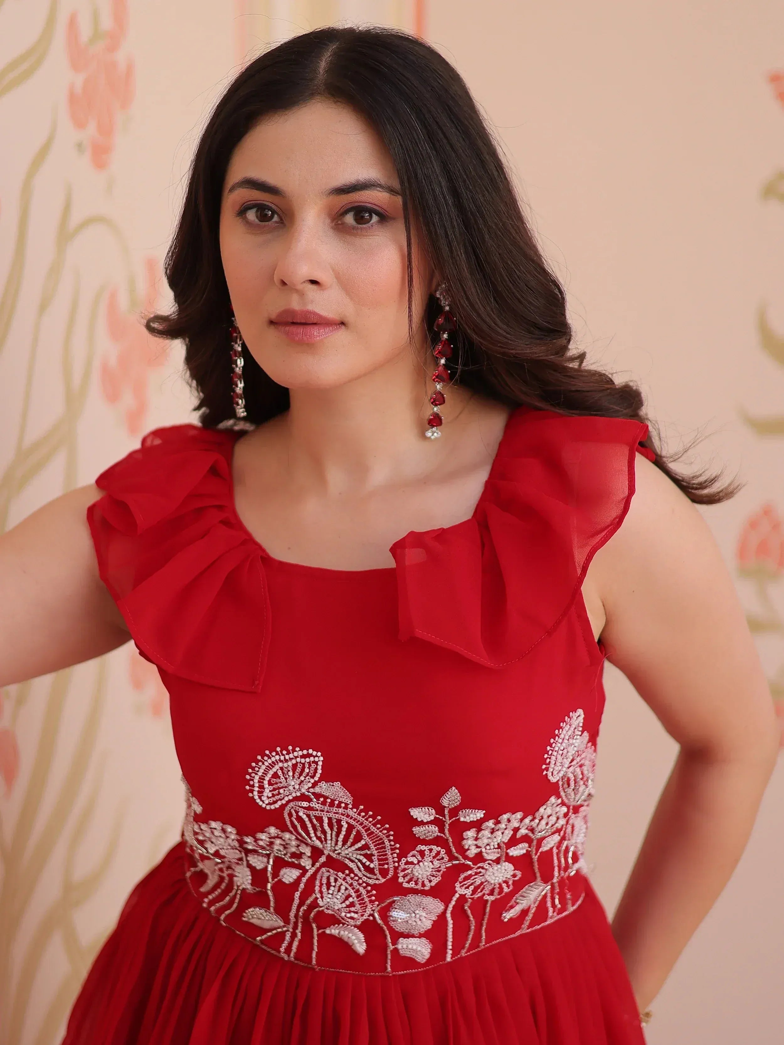Beautiful Red Georgette Embroidered Beads Party Wear Gown