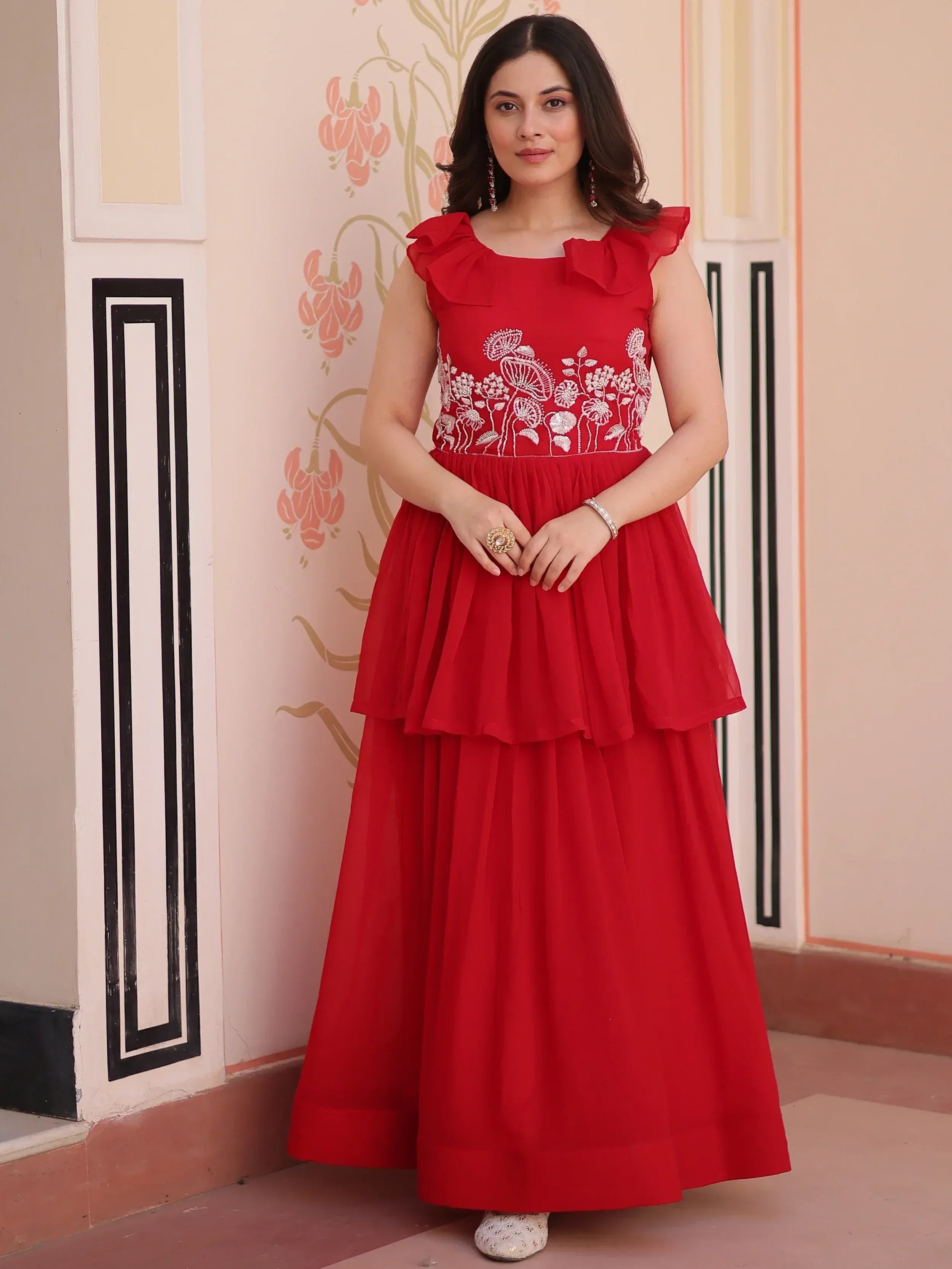 Red ethnic gown with floral embroidery and ruffle sleeves for women