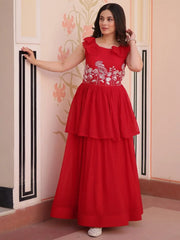 Beautiful Red Georgette Embroidered Beads Party Wear Gown - Ethnic Plus In