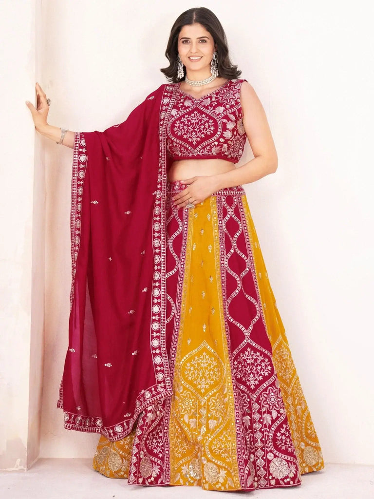 Beautiful Red Silk Sequins Embroidered Wedding Wear Lehenga Choli - Ethnic Plus In