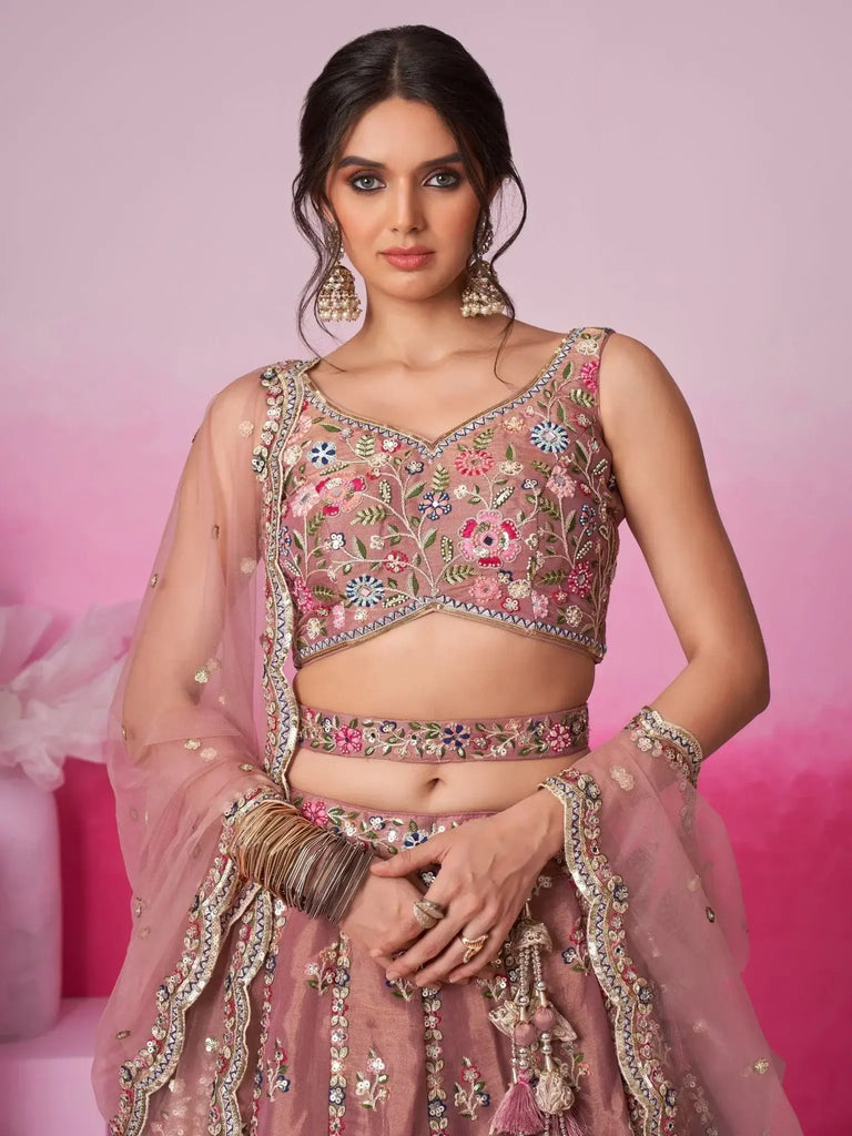 Beautiful Rose Gold Color Sequins Silk Reception Wear Lehenga Choli - Ethnic Plus In