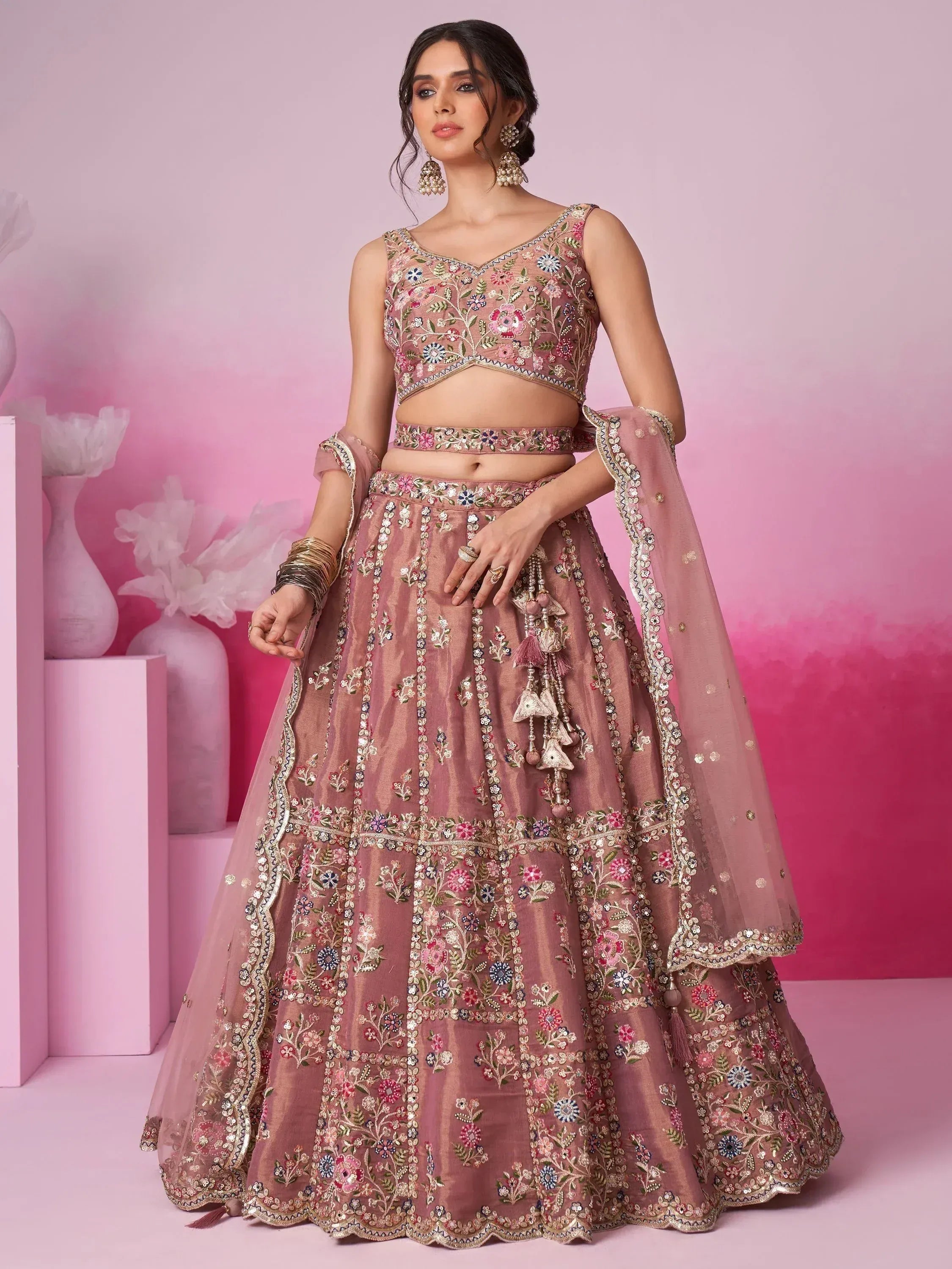 Pink floral embroidered lehenga choli with dupatta, Indian ethnic wear for weddings and festivals