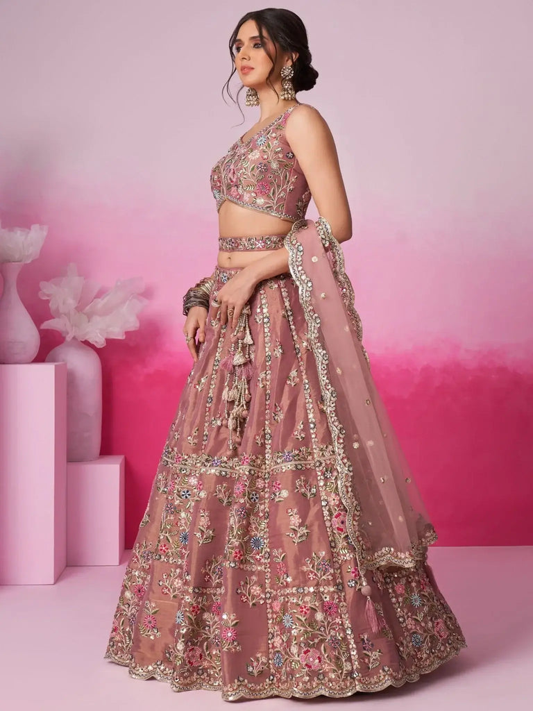 Beautiful Rose Gold Color Sequins Silk Reception Wear Lehenga Choli - Ethnic Plus In