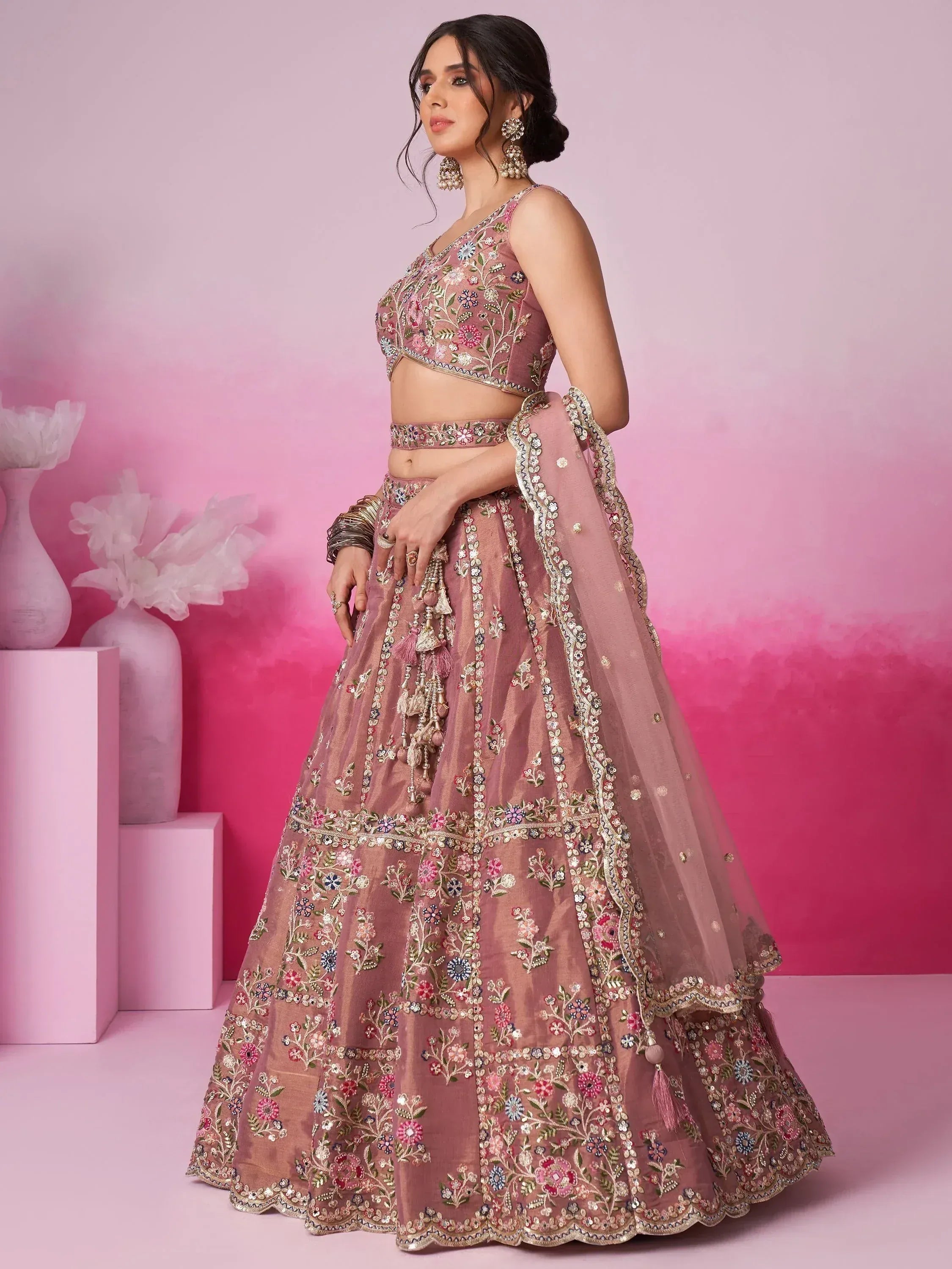 Pink floral embroidered lehenga choli with dupatta, Indian ethnic wear for weddings and festivals