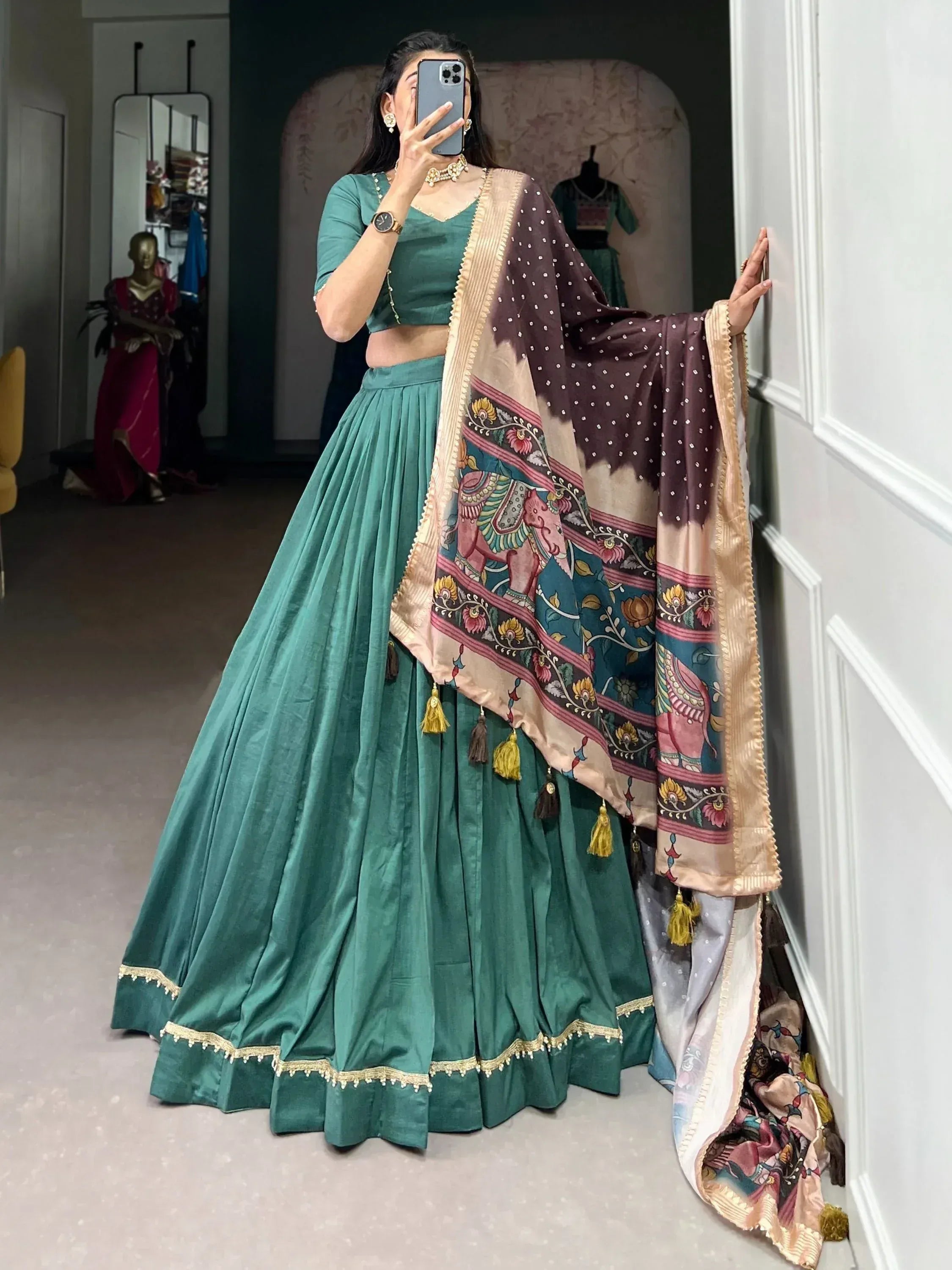 Teal green lehenga choli with printed dupatta, ethnic Indian wear for women