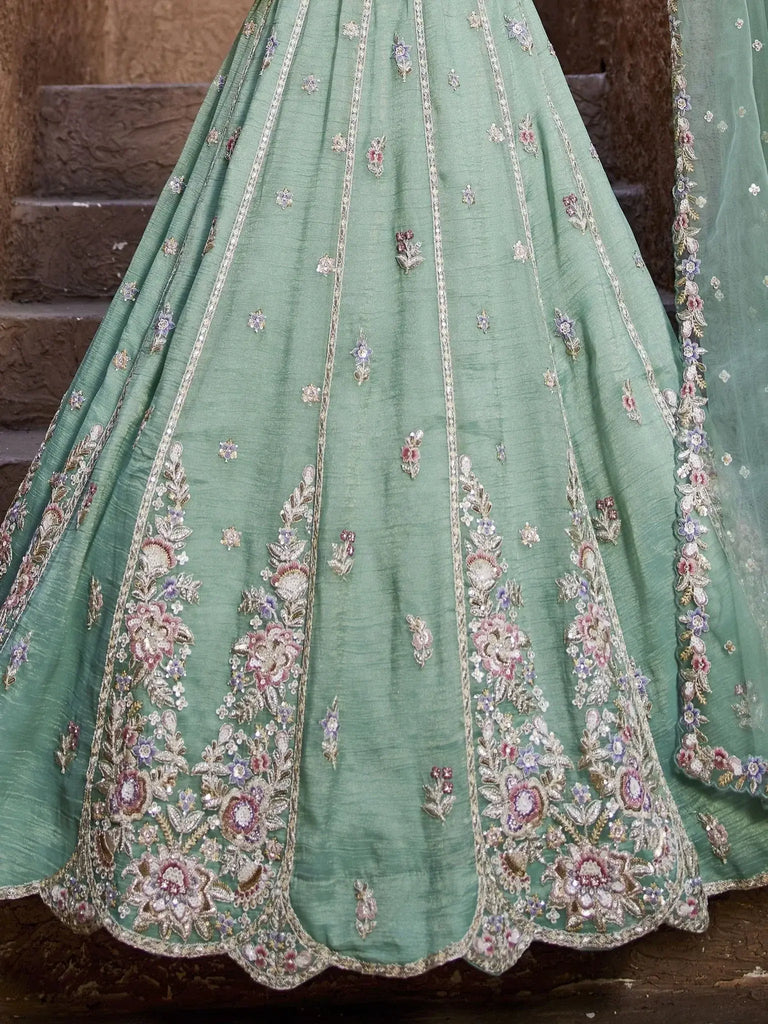 Beautiful Sea Green Sequins Silk Pastel Lehenga Choli With Dupatta - Ethnic Plus In