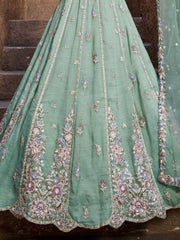 Beautiful Sea Green Sequins Silk Pastel Lehenga Choli With Dupatta - Ethnic Plus In