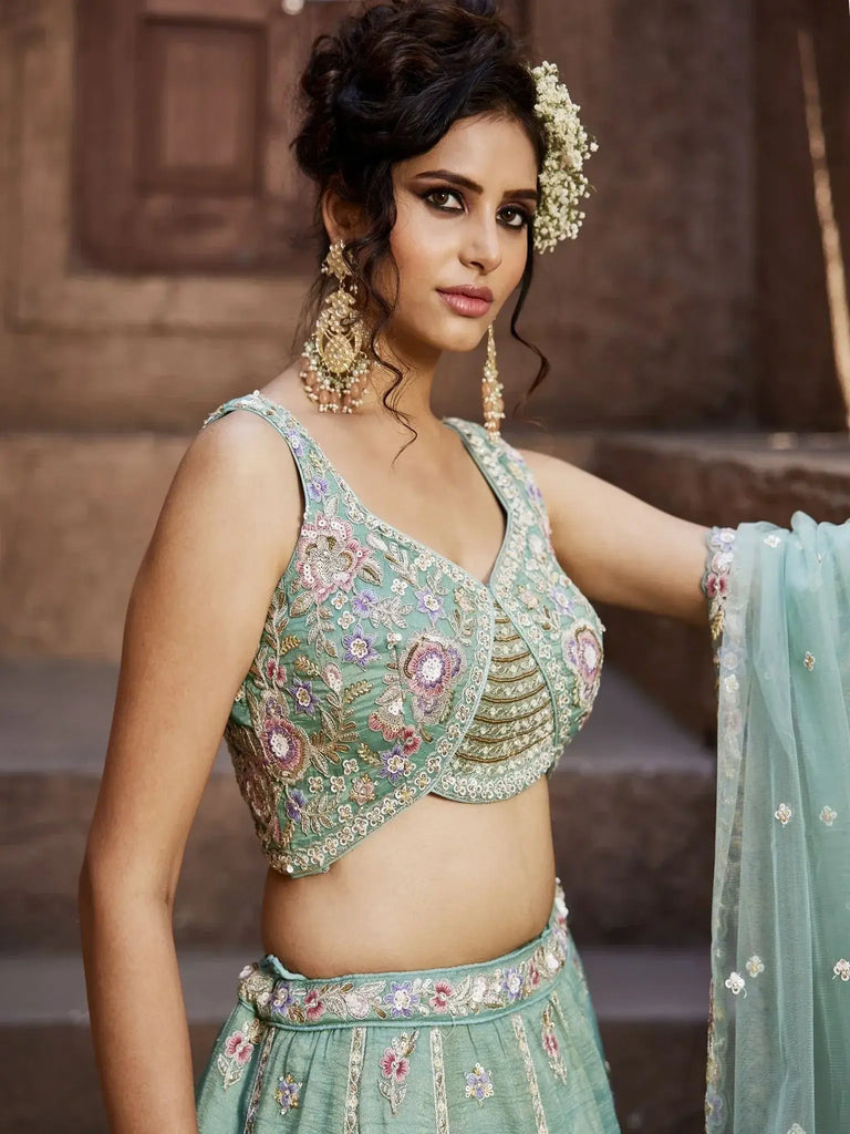 Beautiful Sea Green Sequins Silk Pastel Lehenga Choli With Dupatta - Ethnic Plus In