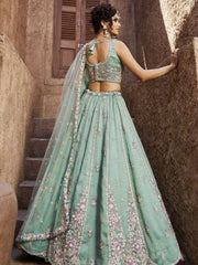 Beautiful Sea Green Sequins Silk Pastel Lehenga Choli With Dupatta - Ethnic Plus In