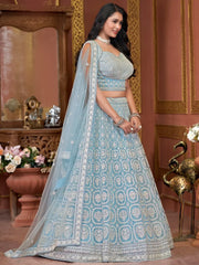 Beautiful Sky - Blue Embroidered Net Designer Lehenga Choli With Dupatta - Ethnic Plus In