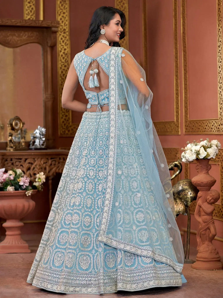 Beautiful Sky - Blue Embroidered Net Designer Lehenga Choli With Dupatta - Ethnic Plus In