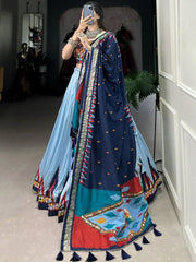 Beautiful Sky Blue Gamthi Work Tussar Silk Navratri Lehenga Choli - Ethnic Plus In