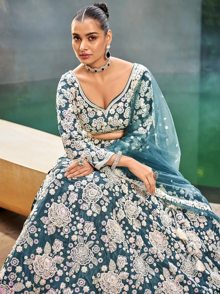 Beautiful Teal Blue Sequins Work Satin Wedding Wear Lehenga Choli - Ethnic Plus In