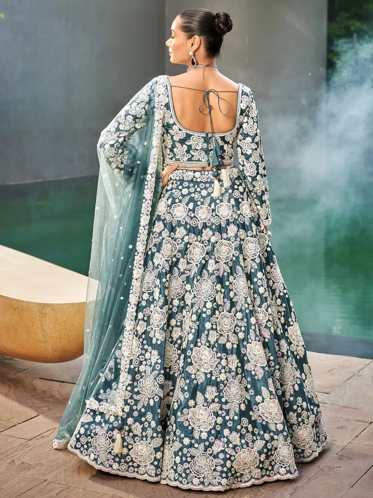Beautiful Teal Blue Sequins Work Satin Wedding Wear Lehenga Choli - Ethnic Plus In