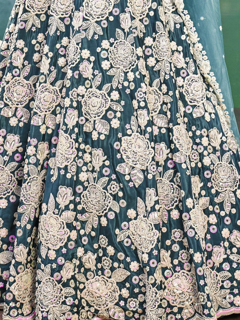 Beautiful Teal Blue Sequins Work Satin Wedding Wear Lehenga Choli - Ethnic Plus In