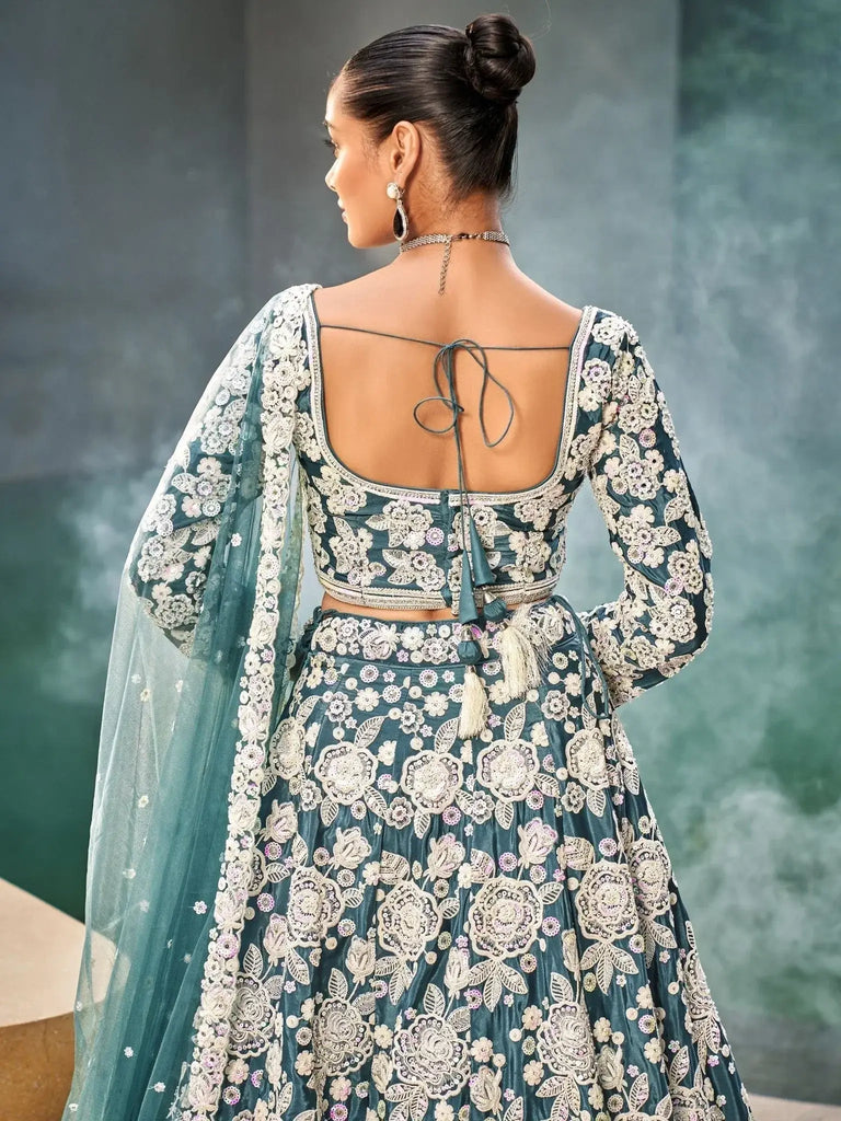 Beautiful Teal Blue Sequins Work Satin Wedding Wear Lehenga Choli - Ethnic Plus In