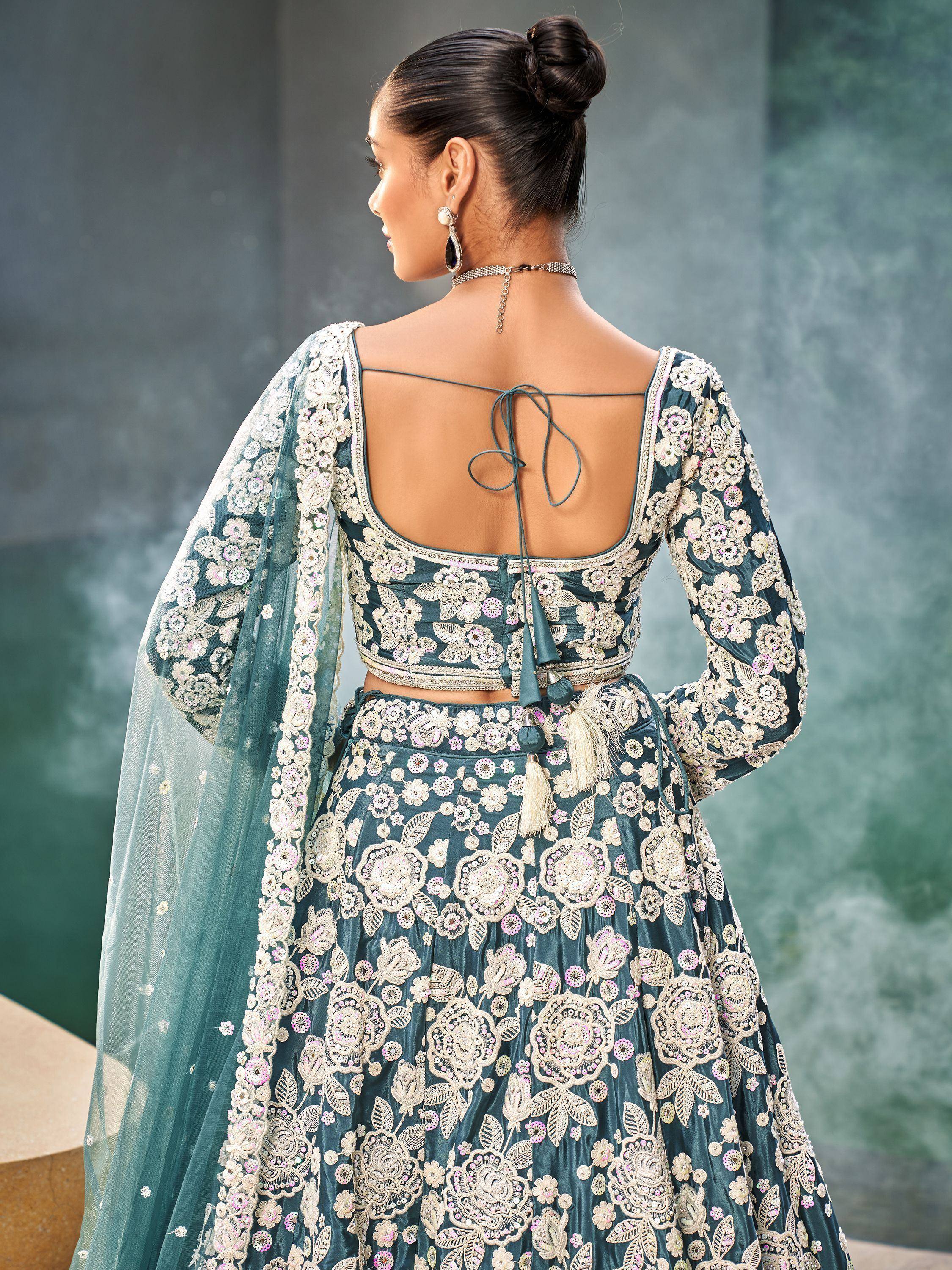 Teal floral embroidered lehenga choli with back tie detail and sheer dupatta, Indian ethnic wear