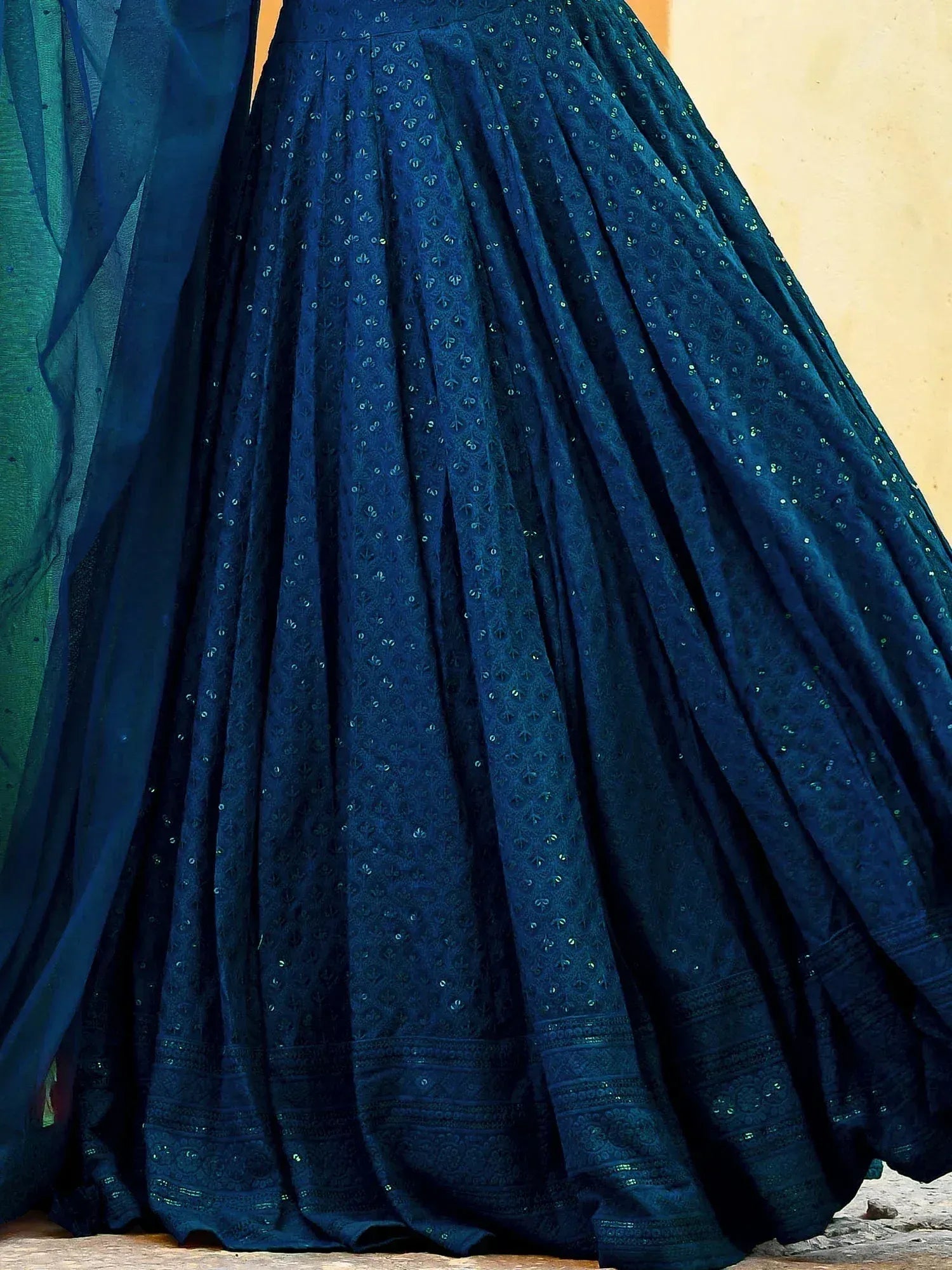 Navy blue embroidered lehenga skirt with sequin detailing and sheer dupatta, ethnic wear for women