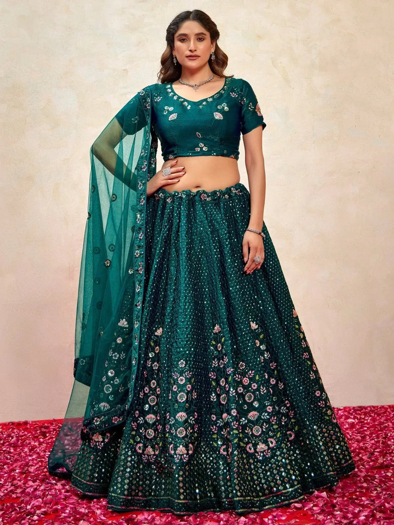 Beautiful Teal Green Sequins Net Wedding Lehenga Choli With Dupatta - Ethnic Plus In