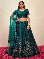Beautiful Teal Green Sequins Net Wedding Lehenga Choli With Dupatta - Ethnic Plus In