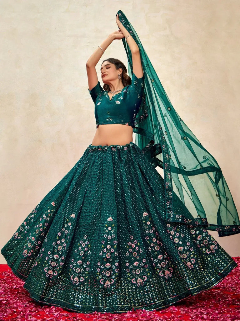 Beautiful Teal Green Sequins Net Wedding Lehenga Choli With Dupatta - Ethnic Plus In