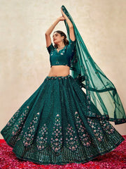 Beautiful Teal Green Sequins Net Wedding Lehenga Choli With Dupatta - Ethnic Plus In