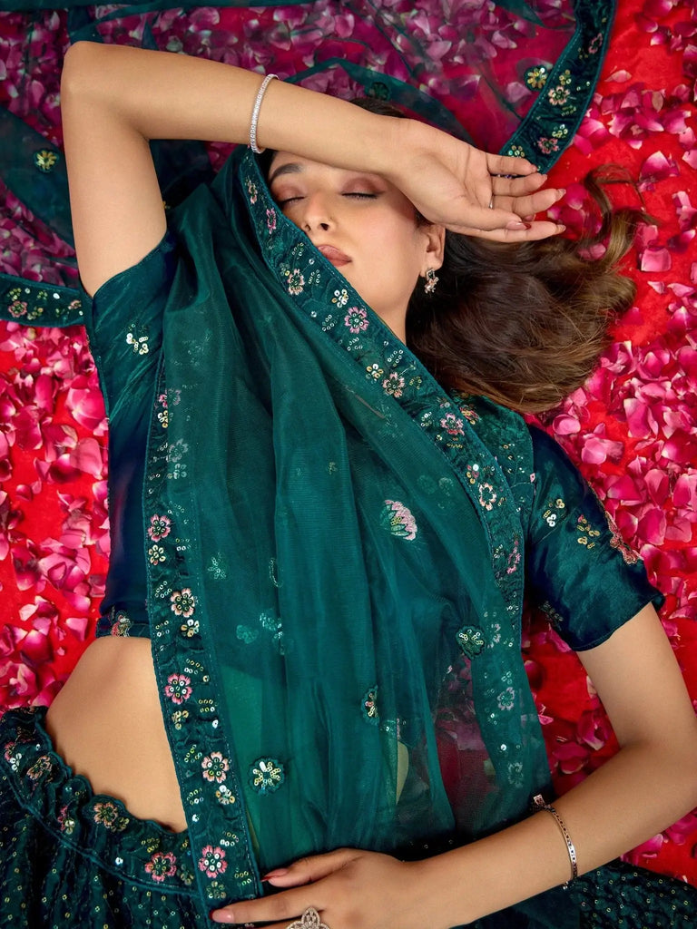 Beautiful Teal Green Sequins Net Wedding Lehenga Choli With Dupatta - Ethnic Plus In