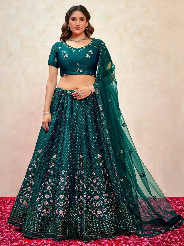 Beautiful Teal Green Sequins Net Wedding Lehenga Choli With Dupatta - Ethnic Plus In