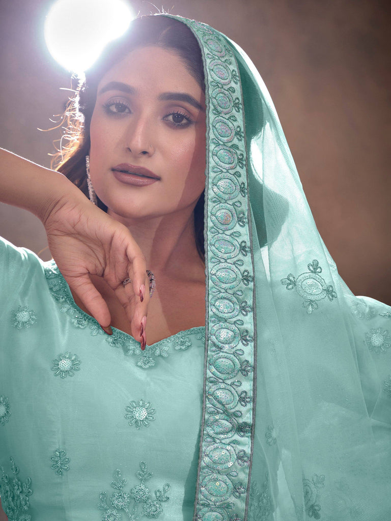 Mint green embroidered salwar kameez with sequin dupatta, Indian ethnic wear
