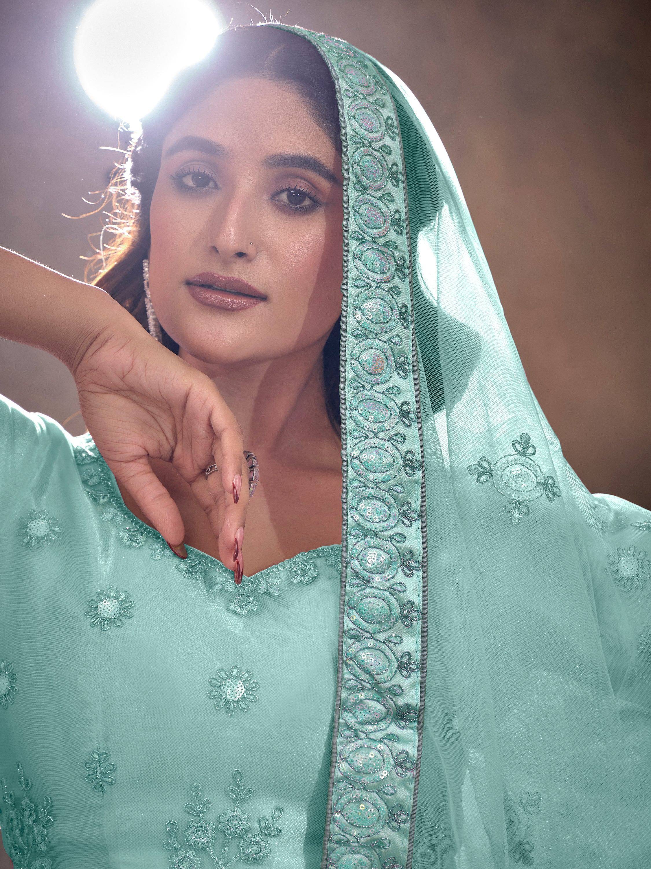 Mint green embroidered salwar kameez with sequin dupatta, Indian ethnic wear